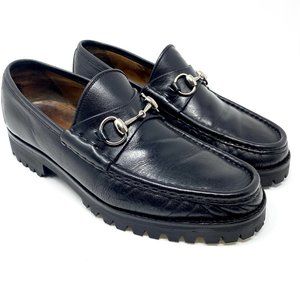 GUCCI Black Leather Silver Bit Lug Loafer